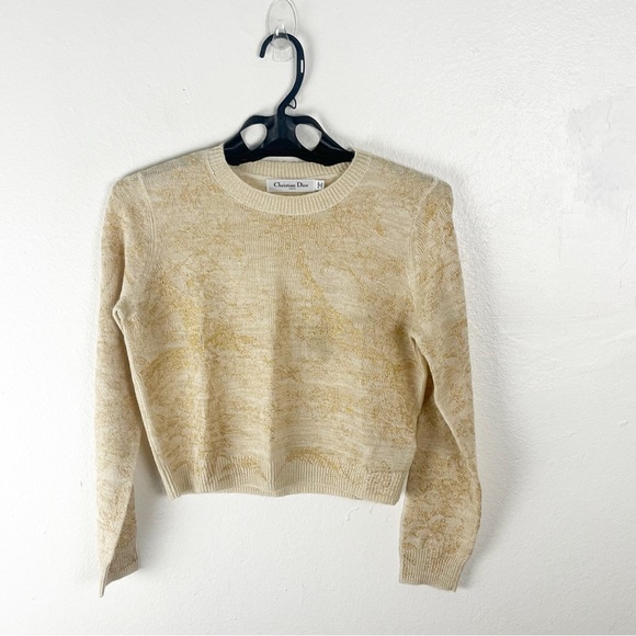 CHRISTIAN DIOR Metallic Knit Cashmere Blend Long Sleeves Cropped Sweater, Size 6 - Picture 1 of 10